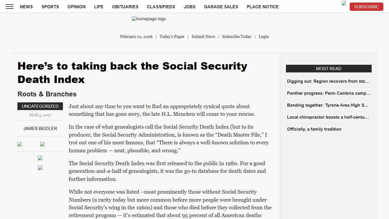 Here’s to taking back the Social Security Death Index News, Sports, Jobs - Altoona Mirror