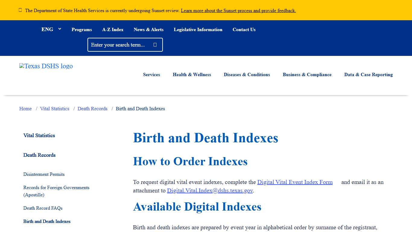 Birth and Death Indexes Texas DSHS