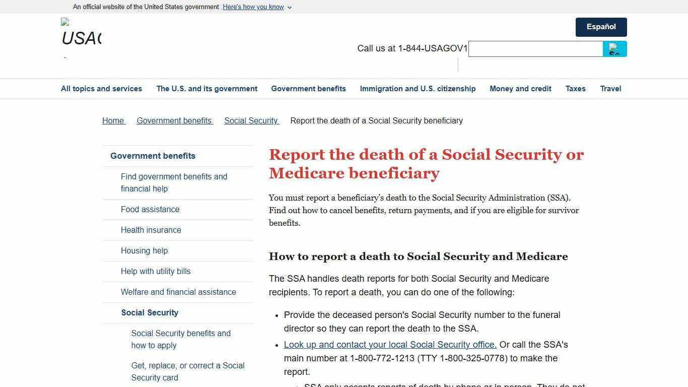 Report the death of a Social Security or Medicare beneficiary USAGov